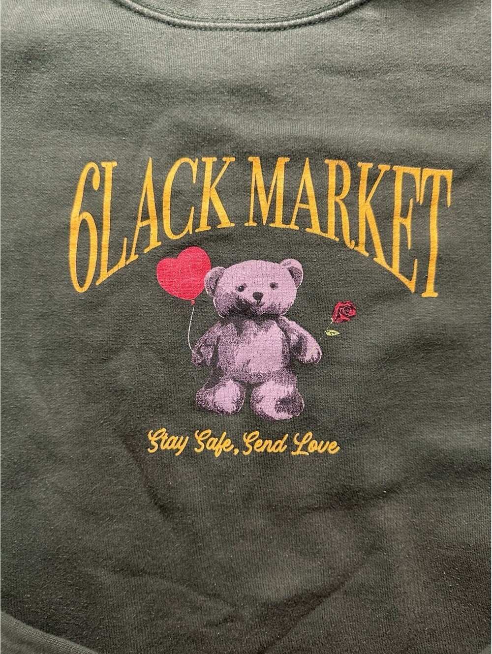 Black Market Teddy Bear Crewneck Sweatshirt Olive Green Streetwear Grunge Faded